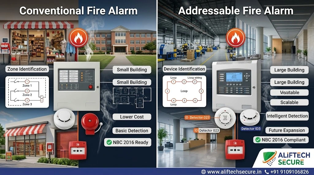 addressable vs conventional fire alarm system India comparison AlifTech Secure