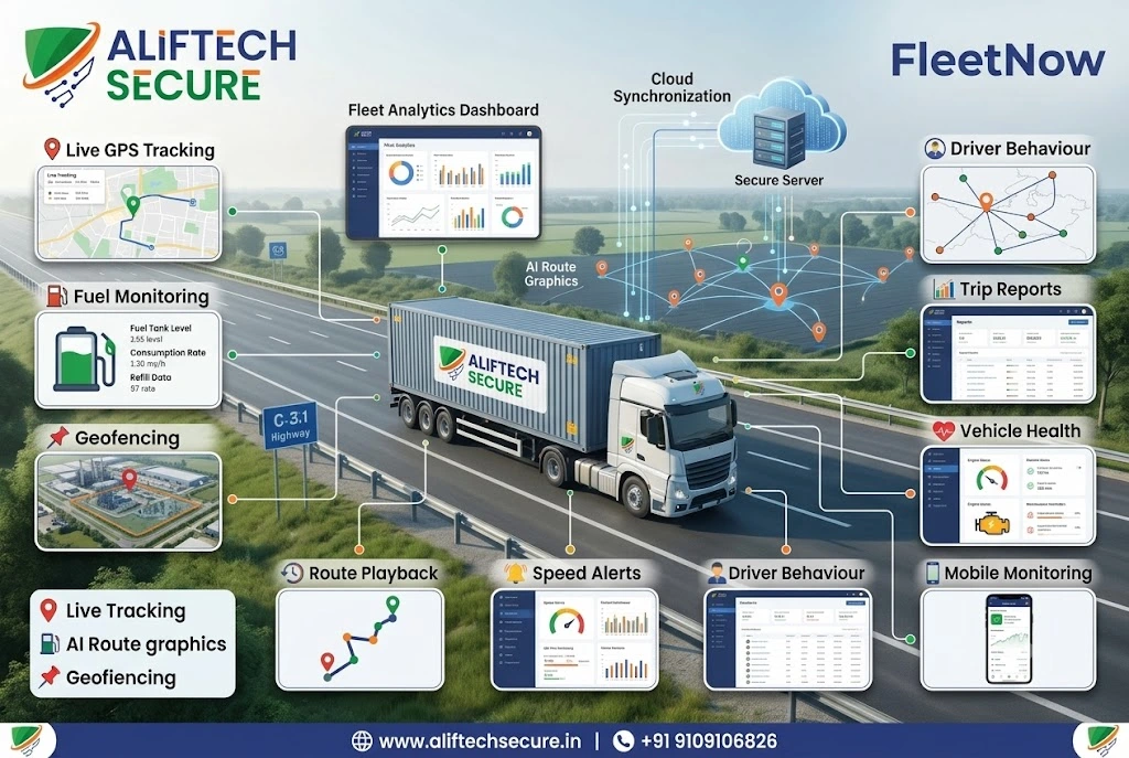 FleetNow GPS AlifTech Secure logistics tracking installation Indore Madhya Pradesh