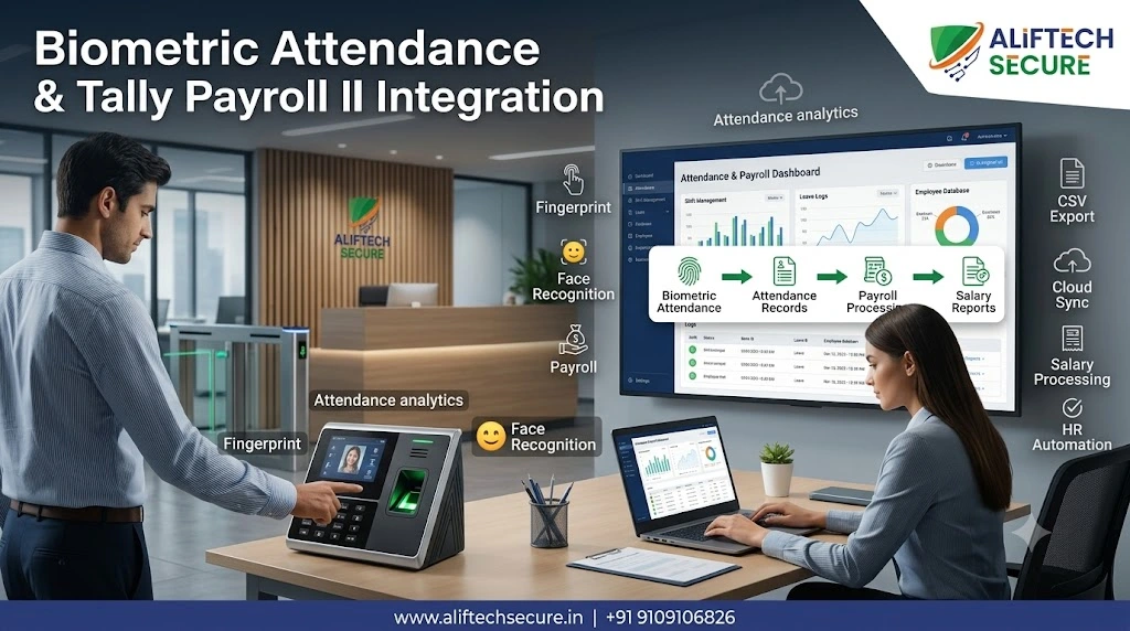 biometric attendance Tally integration India payroll salary machine AlifTech Indore 2026