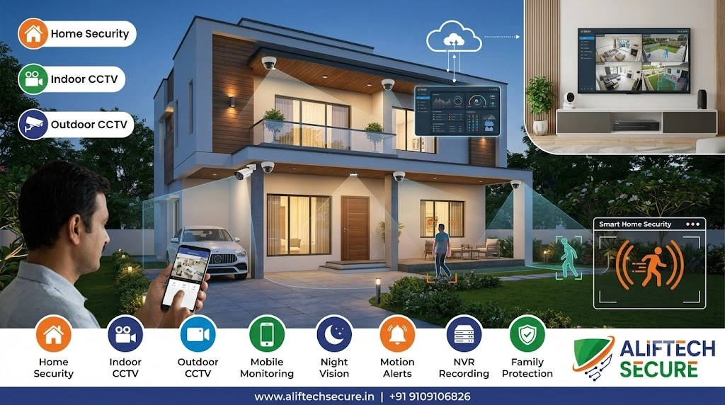 CCTV camera for home India 2026 indoor outdoor WiFi wired AlifTech Secure Indore